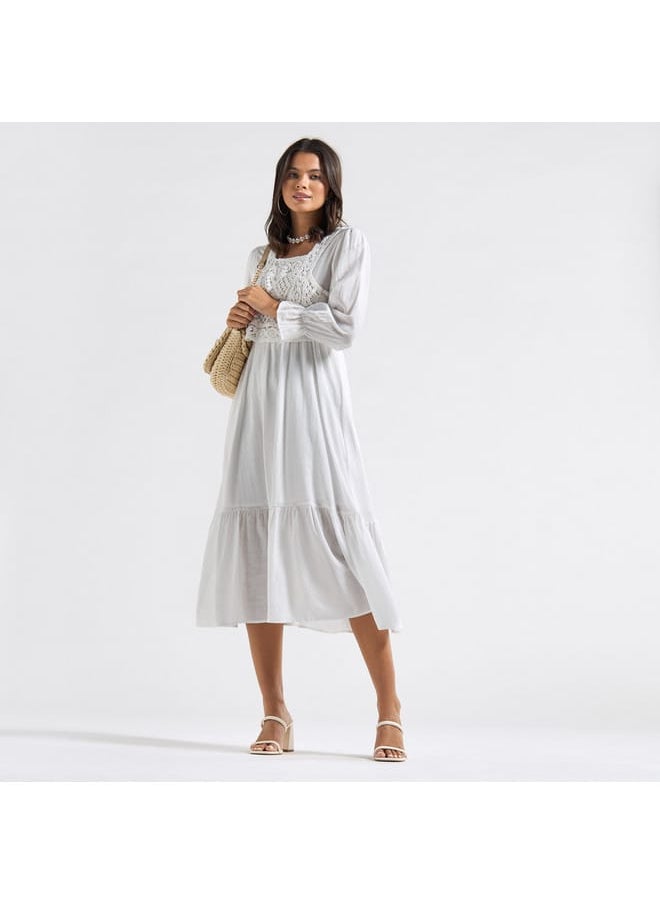 Panelled A-line Dress with Square Neck and Bell Sleeves