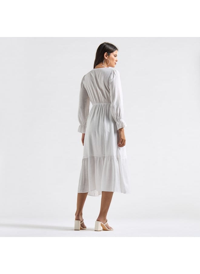 Panelled A-line Dress with Square Neck and Bell Sleeves