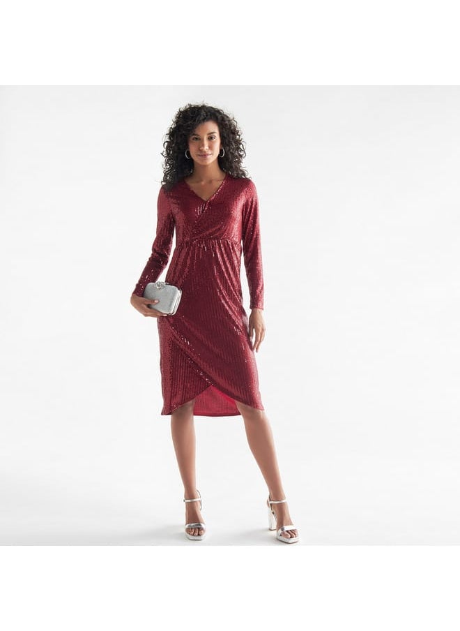 All-Over Embellished V-neck Dress with Long Sleeves