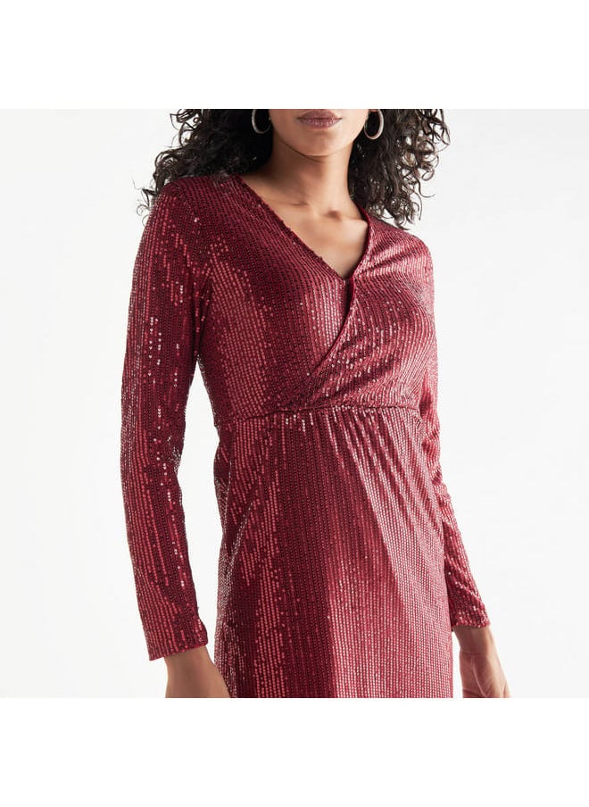 All-Over Embellished V-neck Dress with Long Sleeves