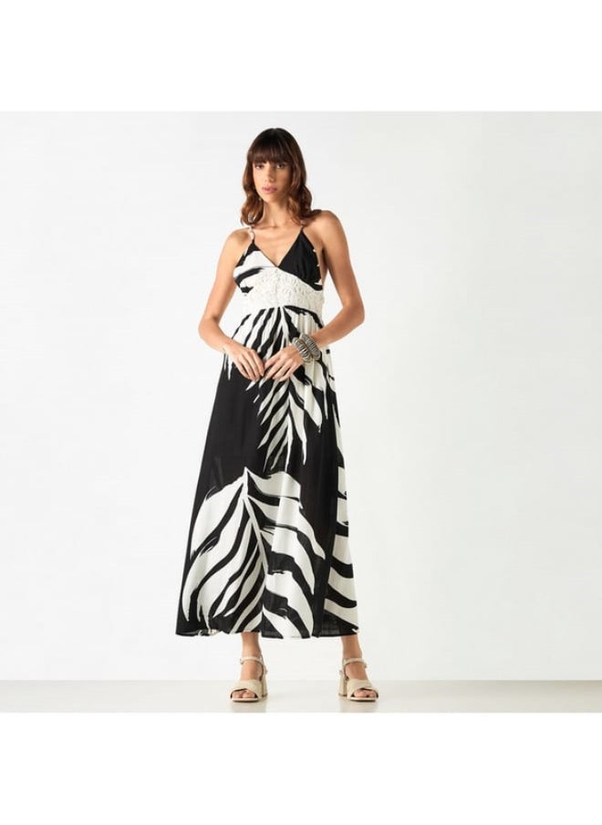 2Xtremz All-Over Leaf Print Sleeveless Dress with V-neck and Racerback