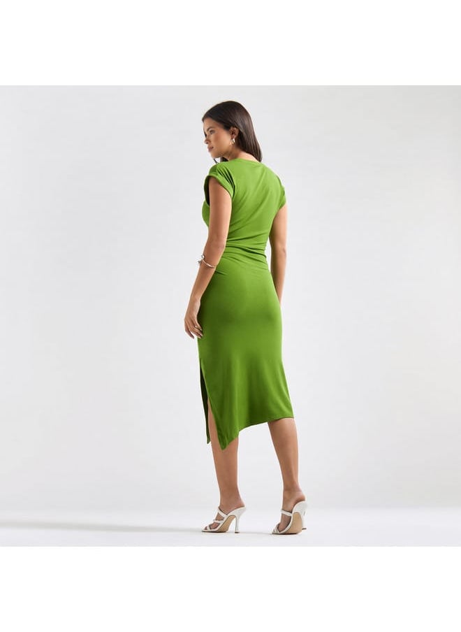 Solid Bodycon Midi Dress with Round Neck and Extended Sleeves