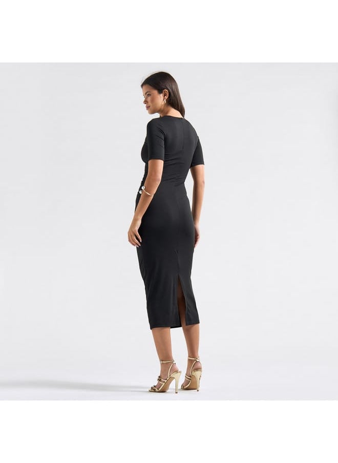 Textured High Neck Bodycon Dress with Short Sleeves and Slit Detail