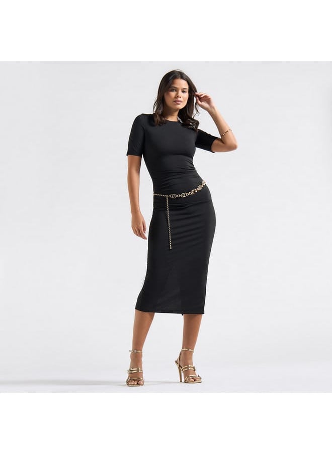 Textured High Neck Bodycon Dress with Short Sleeves and Slit Detail