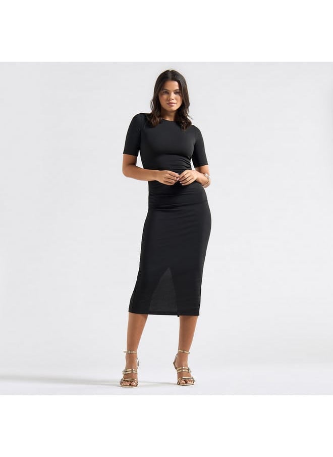 Textured High Neck Bodycon Dress with Short Sleeves and Slit Detail