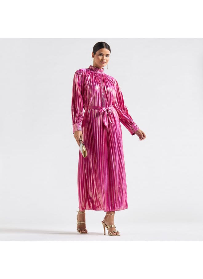 Pleated High Neck A-line Dress with Long Sleeves and Tie-Up Belt