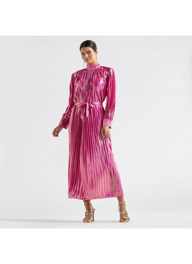 Pleated High Neck A-line Dress with Long Sleeves and Tie-Up Belt