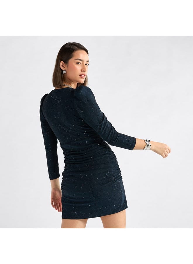 Shimmer Textured Mini Dress with Cinched Detail and V-neck