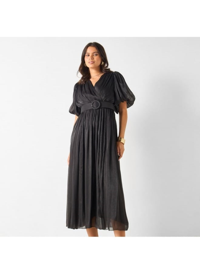 2Xtremz Textured V-Neck Midi Dress with Puff Sleeves