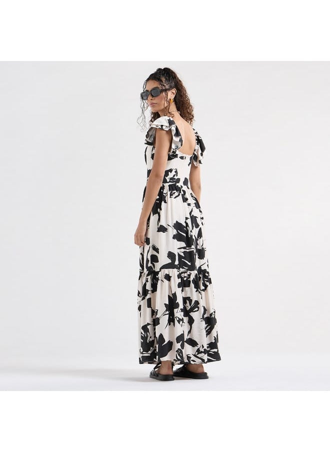 Printed Maxi Dress with Sweetheart Neck and Ruffle Sleeves