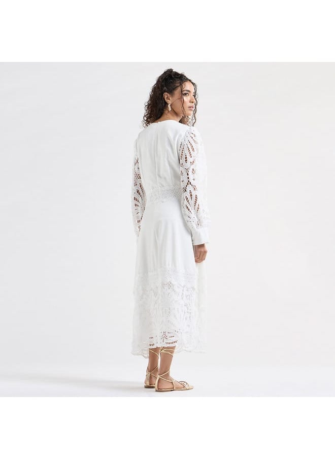 Solid A-line Midi Dress with Long Sleeves and Lace Detail