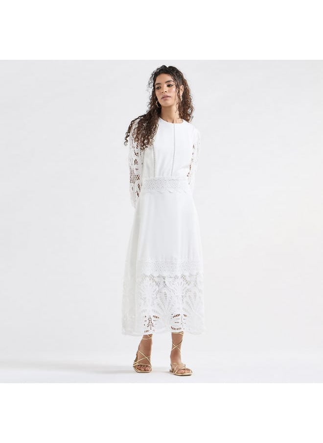 Solid A-line Midi Dress with Long Sleeves and Lace Detail