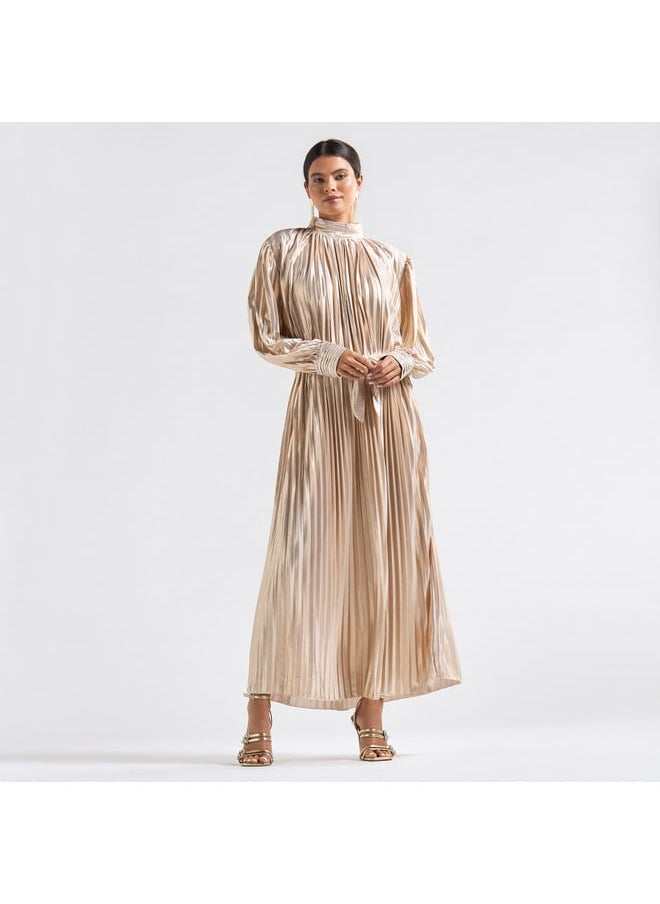 Pleated High Neck A-line Dress with Long Sleeves and Tie-Up Belt