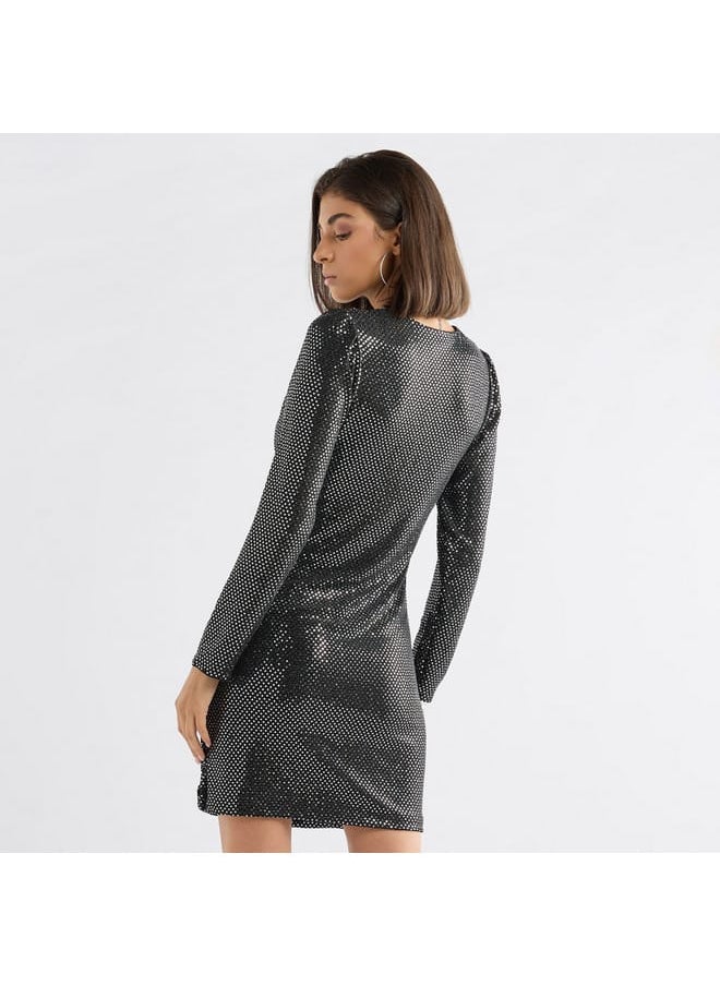 Shimmer Textured Mini Dress with Long Sleeves and V-neck