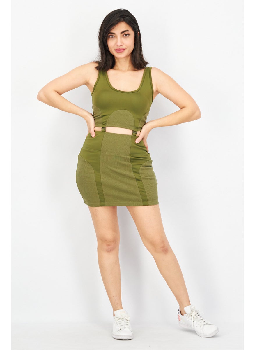 Women Sportswear Fit Sleeveless Outdoor Rib Dress, Army Green