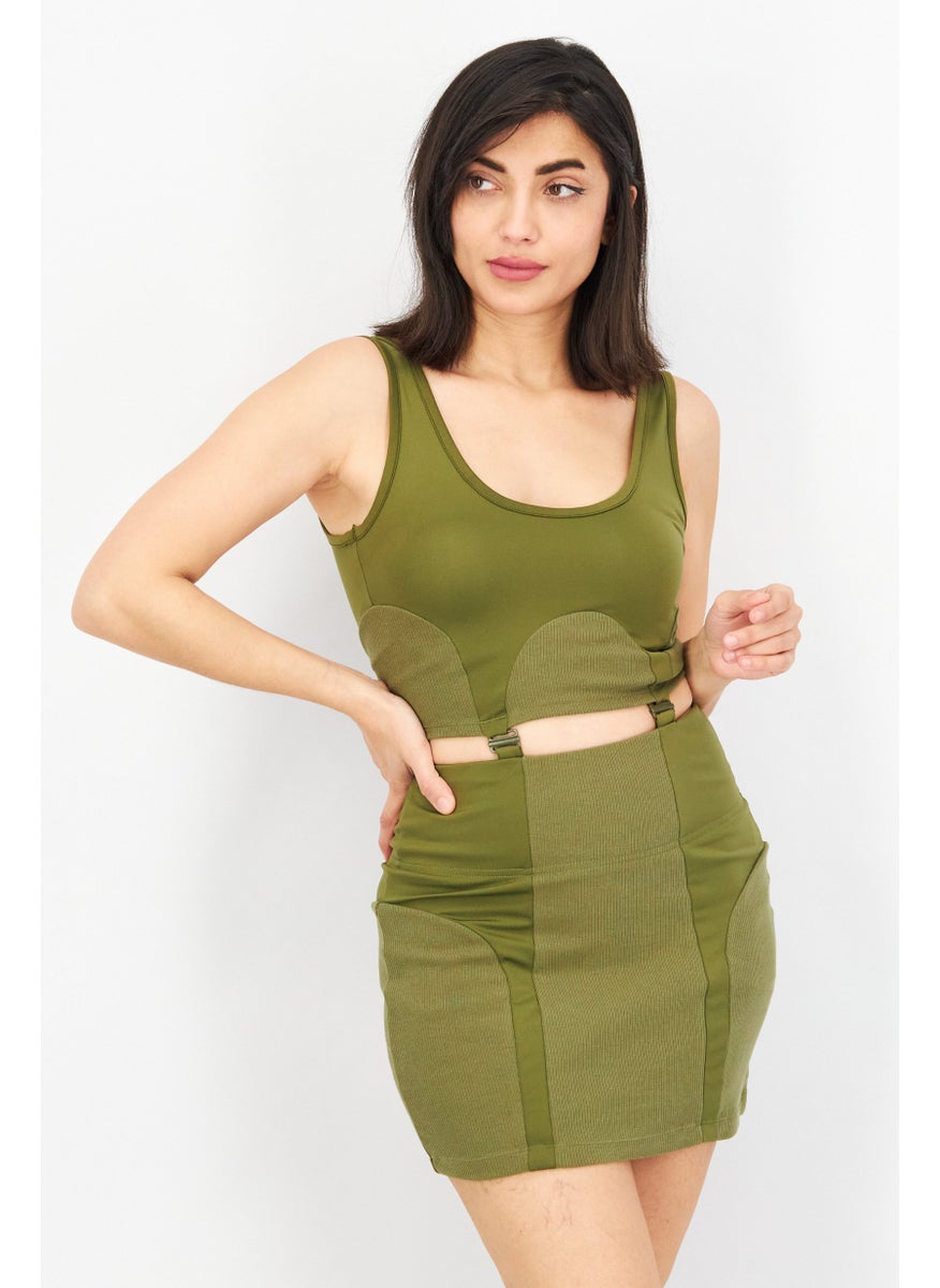 Women Sportswear Fit Sleeveless Outdoor Rib Dress, Army Green