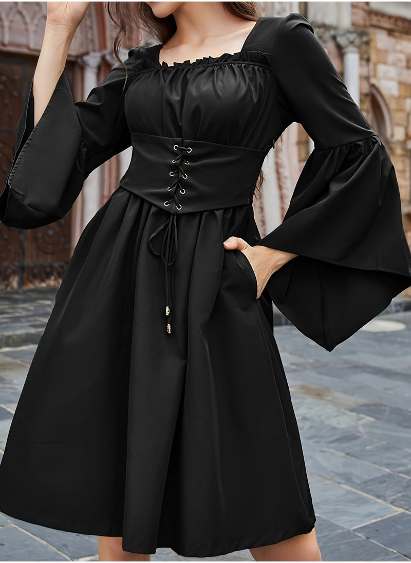 New Women's European and American Medieval Foreign Trade Splicing Flying Sleeves Elastic Back Big Swing Skirt Dress