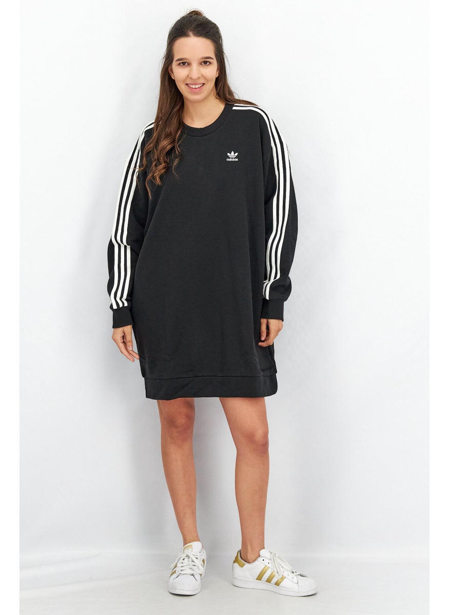 Women Sportswear Fit Long Sleeve Classic Sweatshirt Dress, Black/White