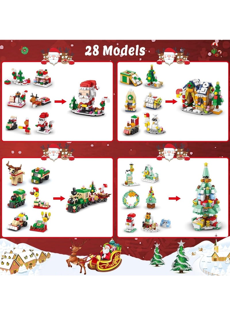 Beauenty 2024 Christmas Building Blocks For Kids,24 Days Countdown Calendars Blind Box-24PC Mini Building Blocks- 6 In 1 Christmas Santa Tree Train House Block Toy Set for 8-12 Kids Gifts