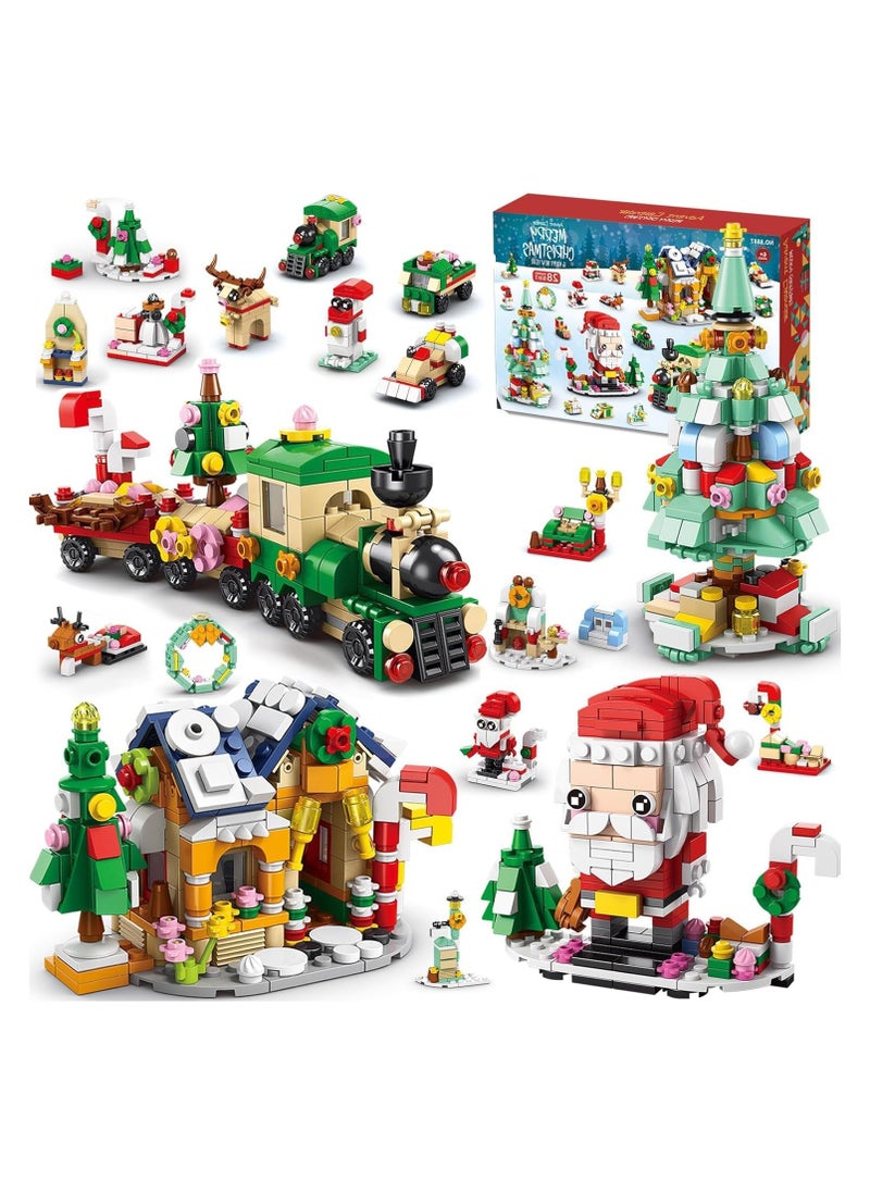 Beauenty 2024 Christmas Building Blocks For Kids,24 Days Countdown Calendars Blind Box-24PC Mini Building Blocks- 6 In 1 Christmas Santa Tree Train House Block Toy Set for 8-12 Kids Gifts