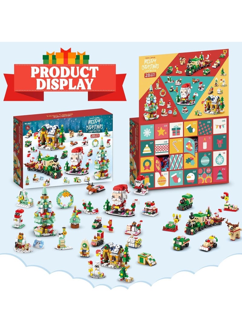 Beauenty 2024 Christmas Building Blocks For Kids,24 Days Countdown Calendars Blind Box-24PC Mini Building Blocks- 6 In 1 Christmas Santa Tree Train House Block Toy Set for 8-12 Kids Gifts