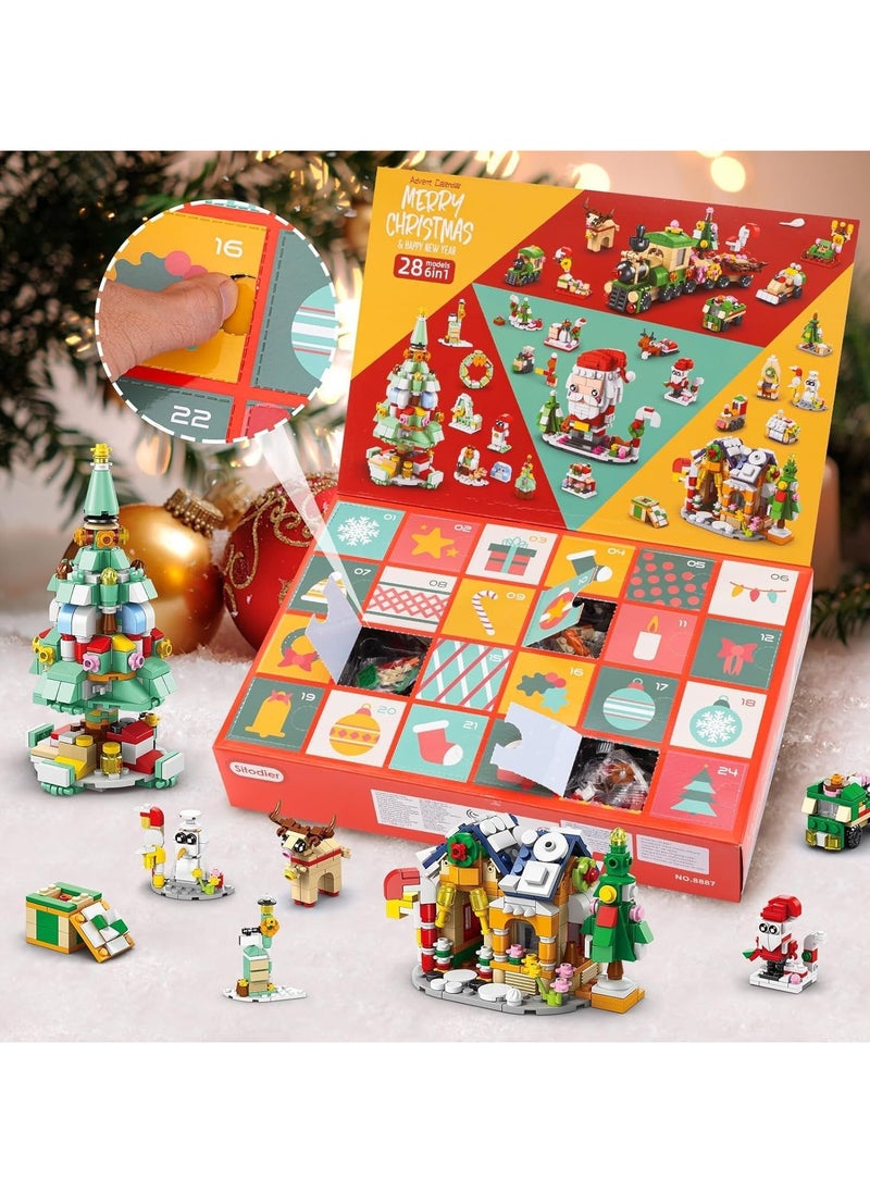 Beauenty 2024 Christmas Building Blocks For Kids,24 Days Countdown Calendars Blind Box-24PC Mini Building Blocks- 6 In 1 Christmas Santa Tree Train House Block Toy Set for 8-12 Kids Gifts