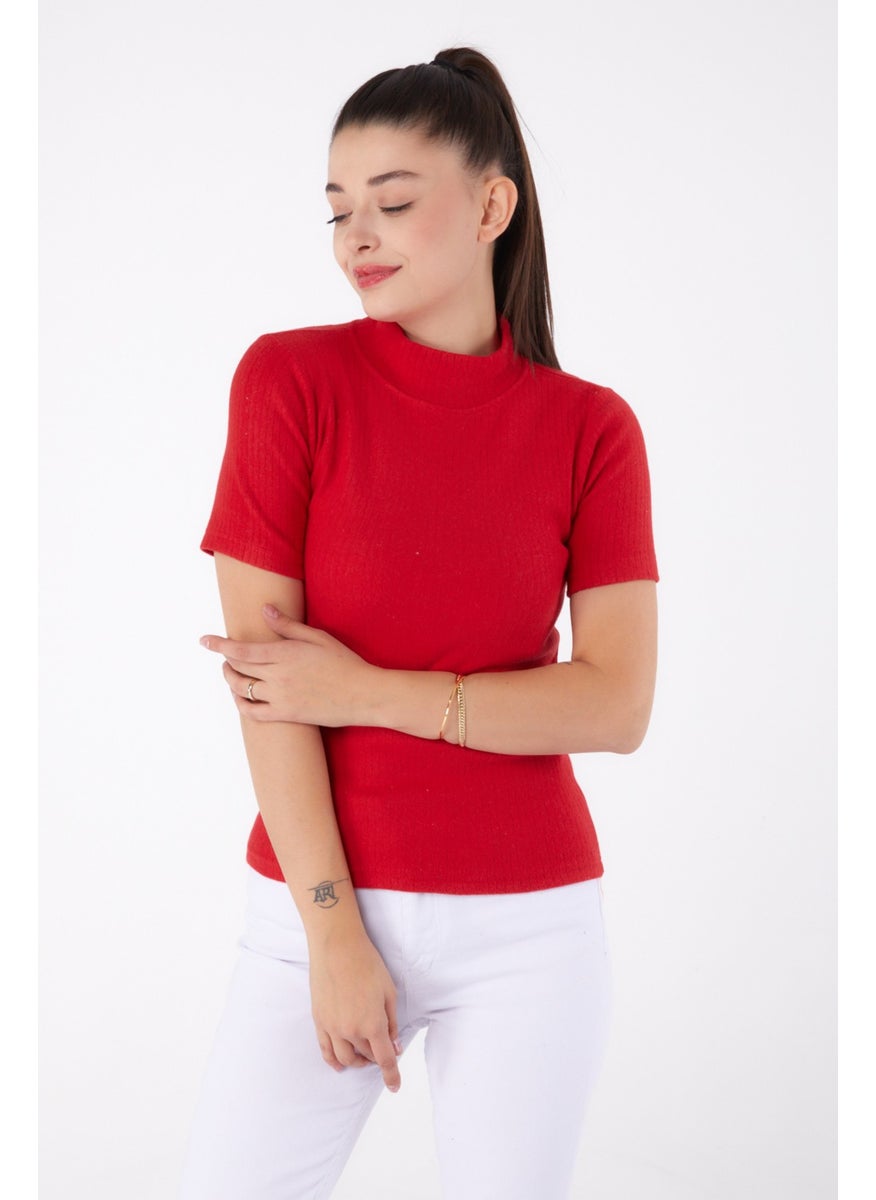 Plain Half Turtleneck Women's Red Short Sleeve Blouse - 26315