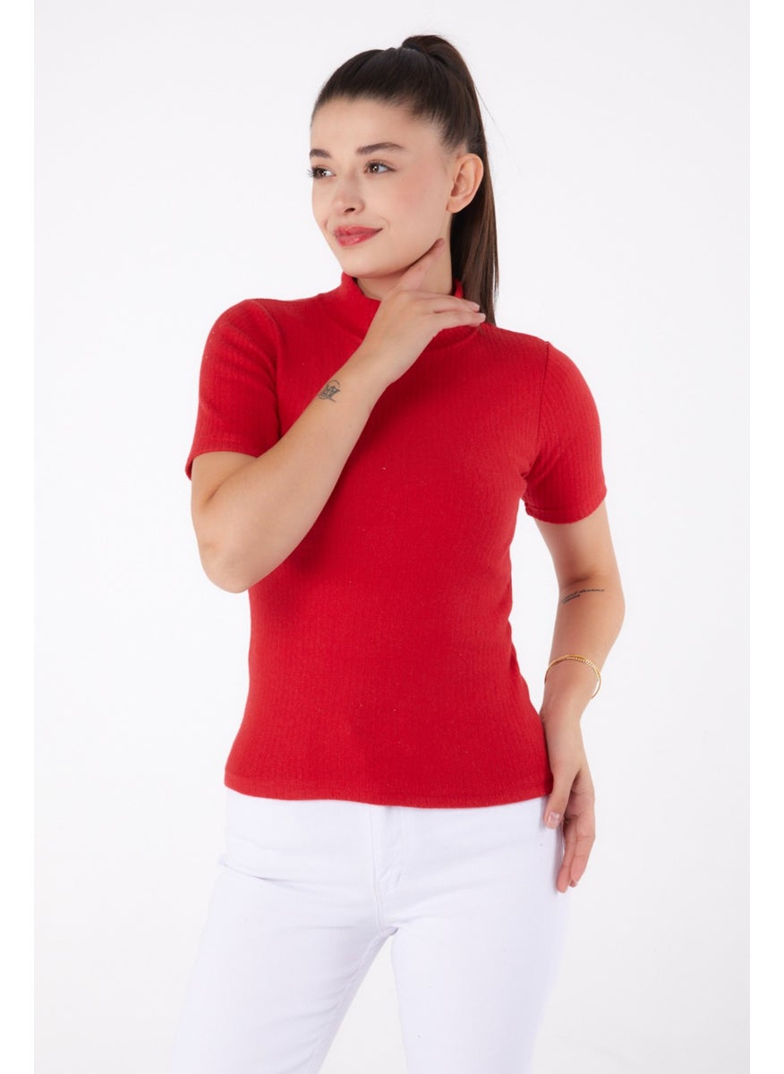 Plain Half Turtleneck Women's Red Short Sleeve Blouse - 26315