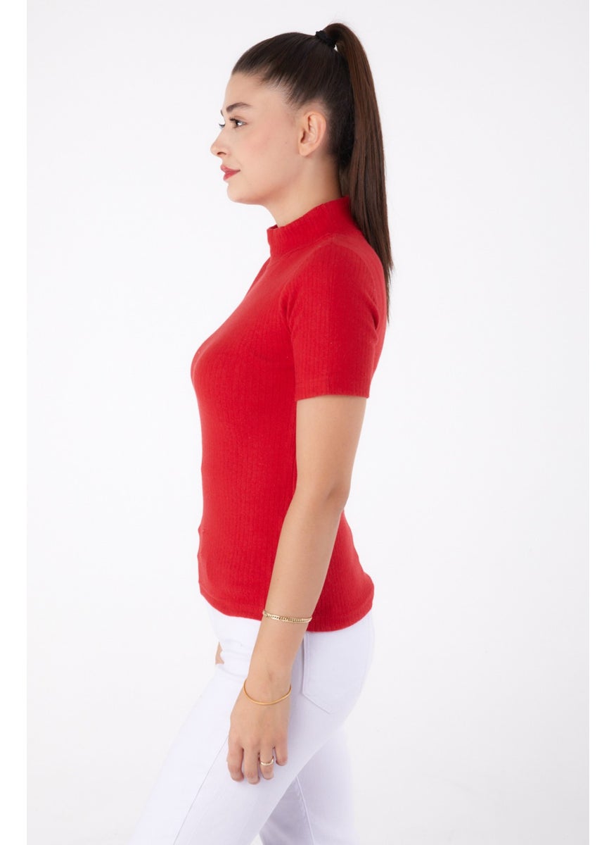 Plain Half Turtleneck Women's Red Short Sleeve Blouse - 26315