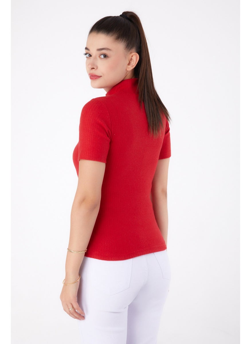 Plain Half Turtleneck Women's Red Short Sleeve Blouse - 26315