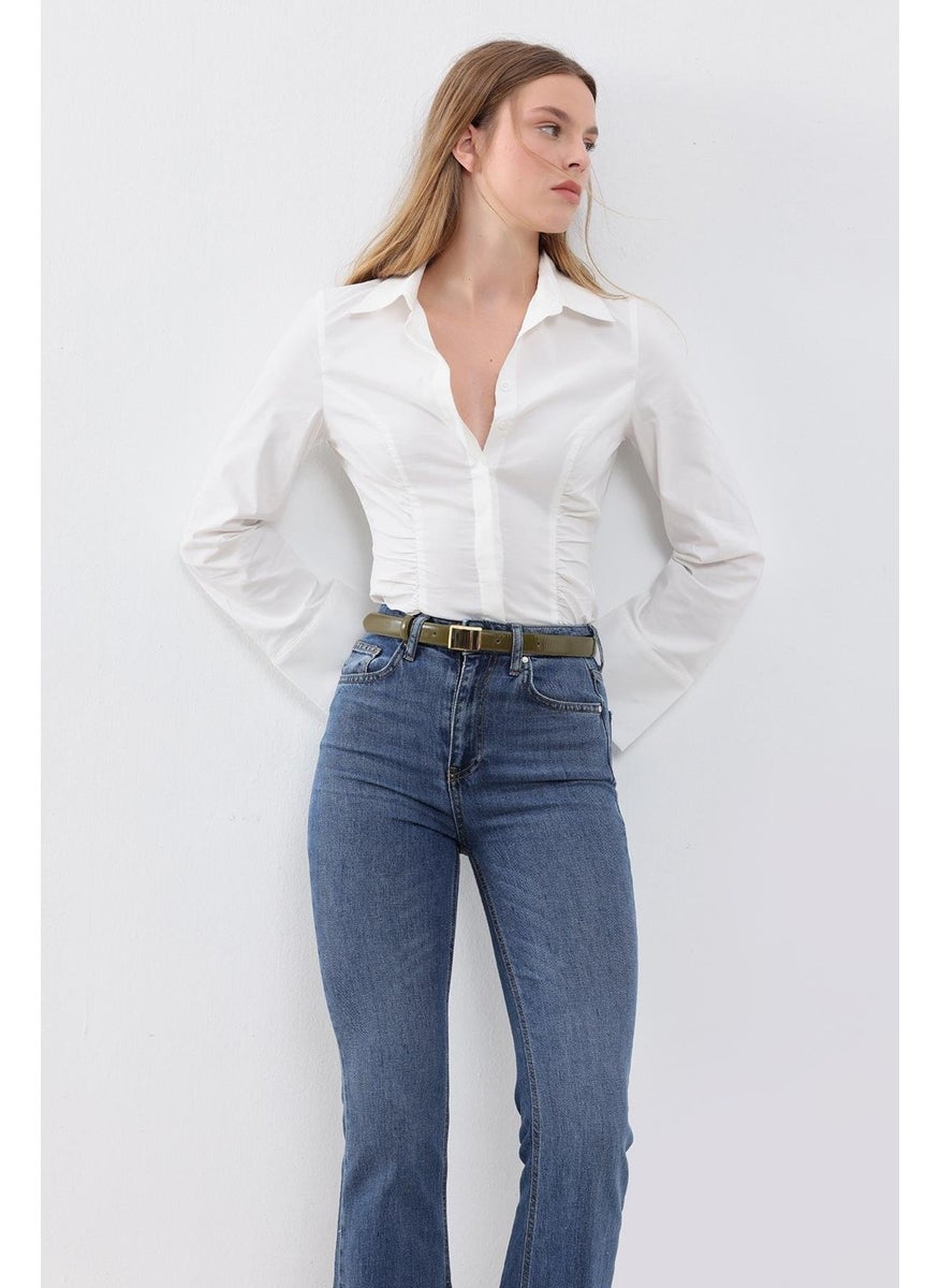 White Gathered Detailed Lycra Poplin Shirt