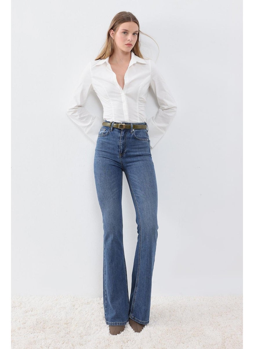 White Gathered Detailed Lycra Poplin Shirt