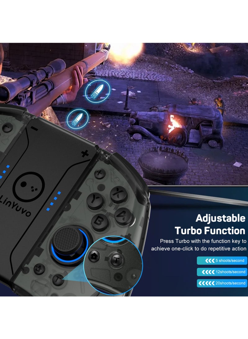 Professional Gamepad LinYuvo Joycon Bluetooth Game Controller Compatible with Switch, Switch Lite, Switch OLED 8 Colors RGB Light Six-Axis Gyroscope Turbo Function Adjustment Dual Vibration Wake-Up Function Motion Control Metal Joystick Black