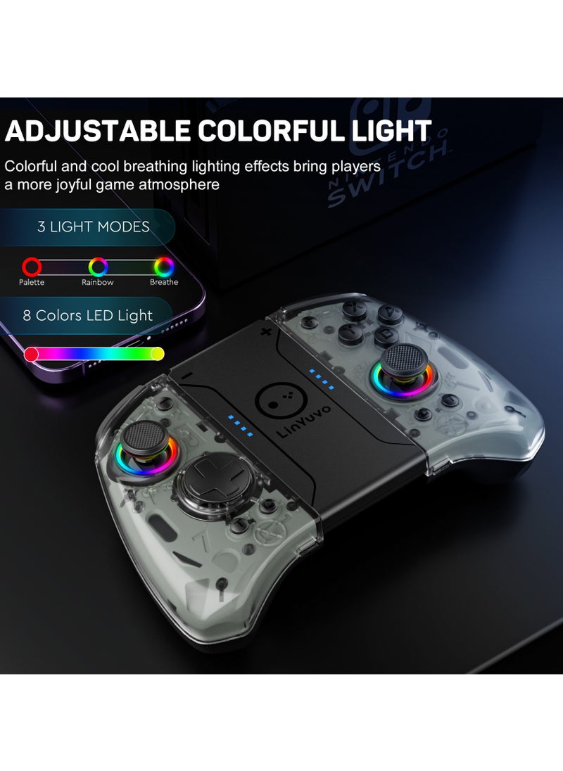 Professional Gamepad LinYuvo Joycon Bluetooth Game Controller Compatible with Switch, Switch Lite, Switch OLED 8 Colors RGB Light Six-Axis Gyroscope Turbo Function Adjustment Dual Vibration Wake-Up Function Motion Control Metal Joystick Black