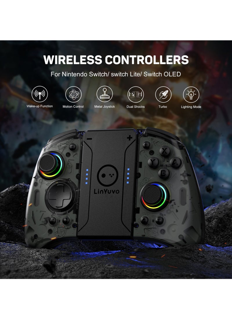 Professional Gamepad LinYuvo Joycon Bluetooth Game Controller Compatible with Switch, Switch Lite, Switch OLED 8 Colors RGB Light Six-Axis Gyroscope Turbo Function Adjustment Dual Vibration Wake-Up Function Motion Control Metal Joystick Black