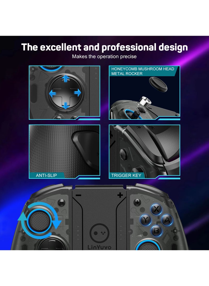 Professional Gamepad LinYuvo Joycon Bluetooth Game Controller Compatible with Switch, Switch Lite, Switch OLED 8 Colors RGB Light Six-Axis Gyroscope Turbo Function Adjustment Dual Vibration Wake-Up Function Motion Control Metal Joystick Black