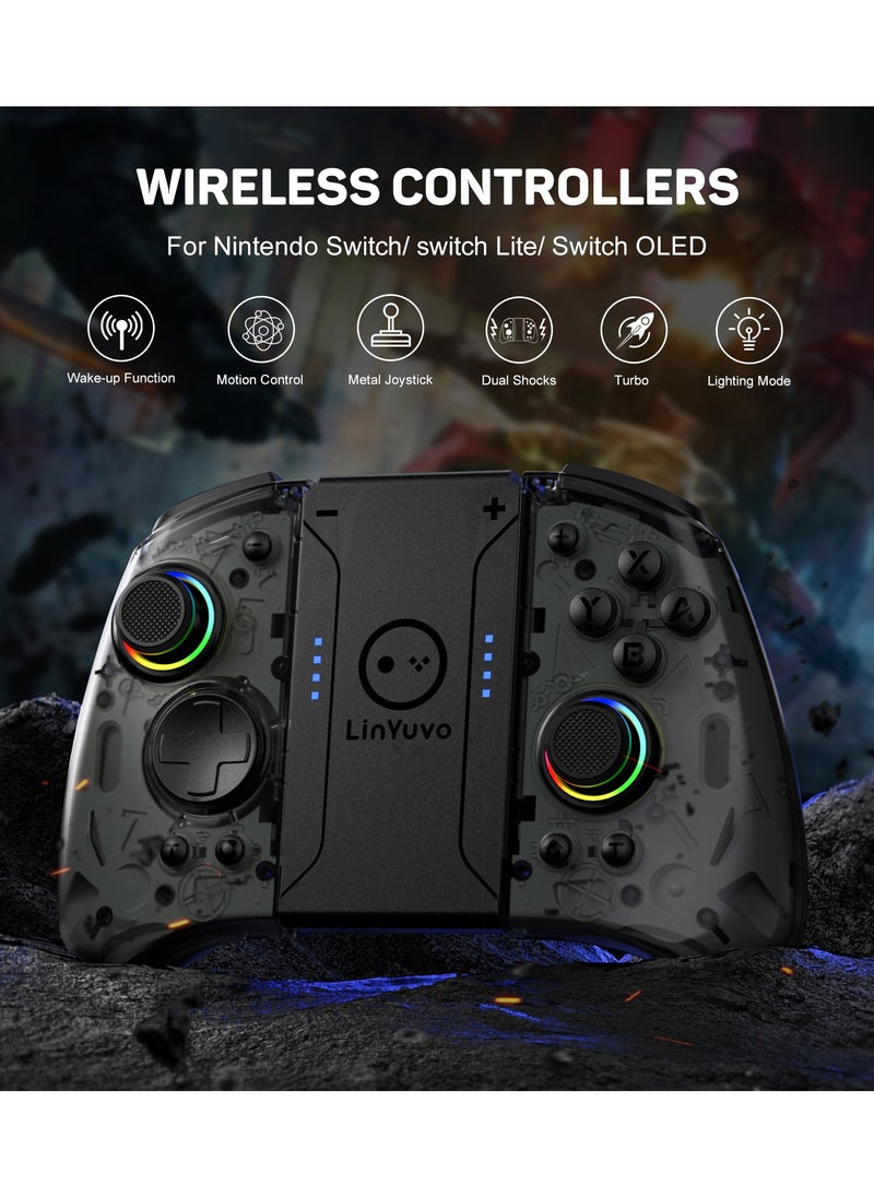 Professional Wireless Gamepad LinYuvo Joycon Bluetooth Game Controller Compatible with Switch, Switch Lite, Switch OLED 8 Colors RGB Light Six-Axis Gyroscope Turbo Function Adjustment Dual Vibration Wake-Up Function Motion Control Metal Joystick Black