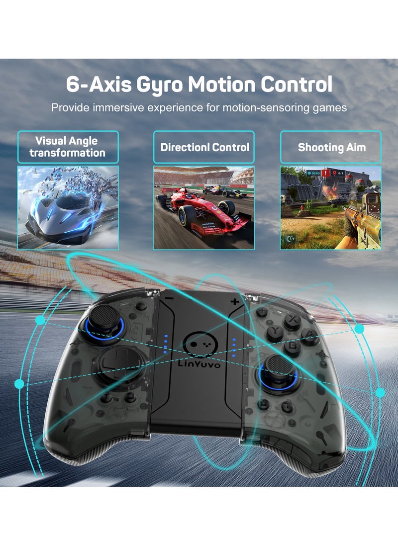 Professional Wireless Gamepad LinYuvo Joycon Bluetooth Game Controller Compatible with Switch, Switch Lite, Switch OLED 8 Colors RGB Light Six-Axis Gyroscope Turbo Function Adjustment Dual Vibration Wake-Up Function Motion Control Metal Joystick Black