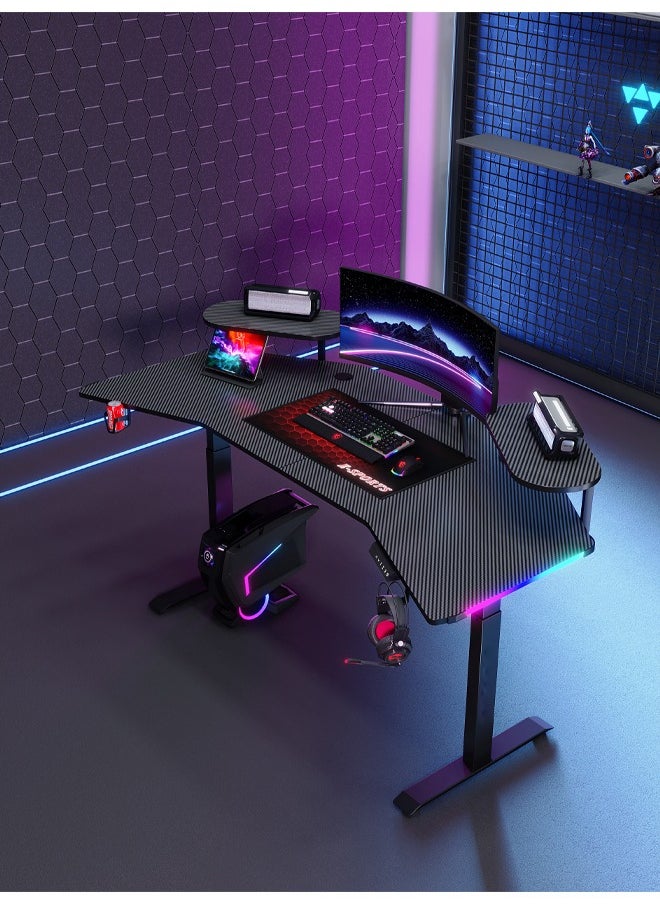 Multifunctional Adjustable Height Gaming Desk with RGB LED Lights, Wireless Remote, Handle Rack, Cup Holder, USB Socket and Headphone Hook 160 CM