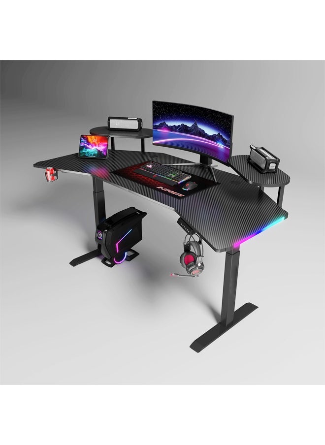 Multifunctional Adjustable Height Gaming Desk with RGB LED Lights, Wireless Remote, Handle Rack, Cup Holder, USB Socket and Headphone Hook 160 CM