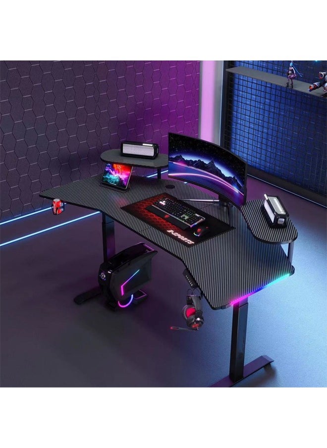 Multifunctional Adjustable Height Gaming Desk with RGB LED Lights, Wireless Remote, Handle Rack, Cup Holder, USB Socket and Headphone Hook 160 CM