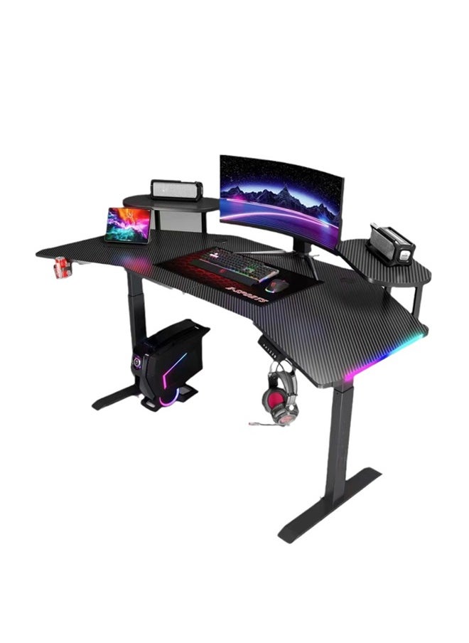 Multifunctional Adjustable Height Gaming Desk with RGB LED Lights, Wireless Remote, Handle Rack, Cup Holder, USB Socket and Headphone Hook 160 CM