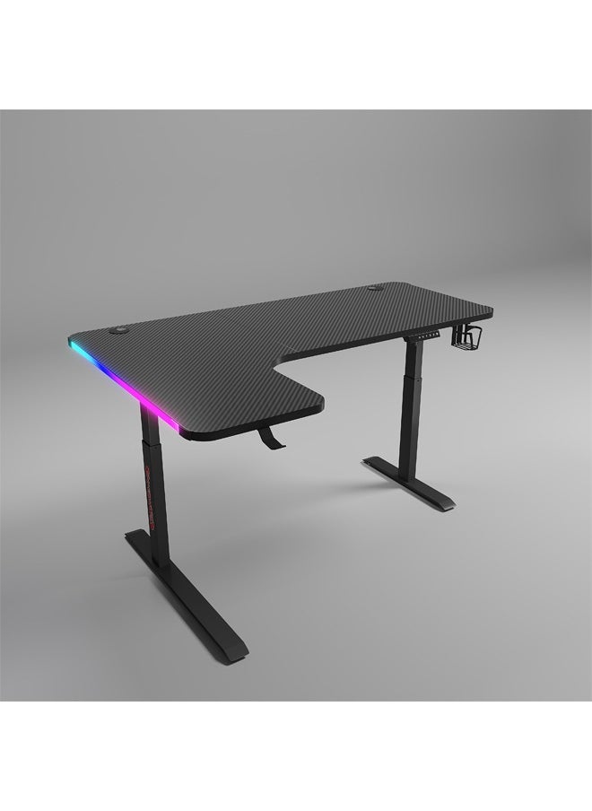 Multifunctional Adjustable Height Gaming Desk with RGB LED Lights, Wireless Remote, Handle Rack, Cup Holder, USB Socket and Headphone Hook 140 CM