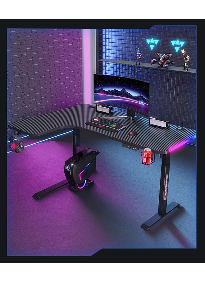 Multifunctional Adjustable Height Gaming Desk with RGB LED Lights, Wireless Remote, Handle Rack, Cup Holder, USB Socket and Headphone Hook 140 CM