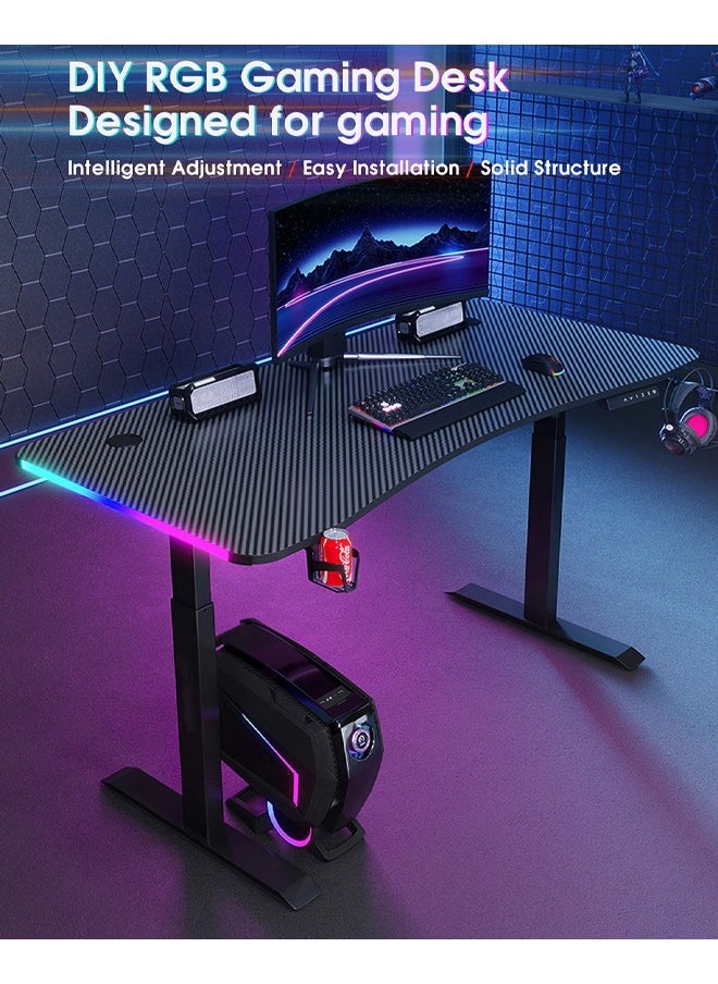 Multifunctional Adjustable Height Gaming Desk with RGB LED Lights, Wireless Remote, Handle Rack, Cup Holder, USB Socket and Headphone Hook 120 CM