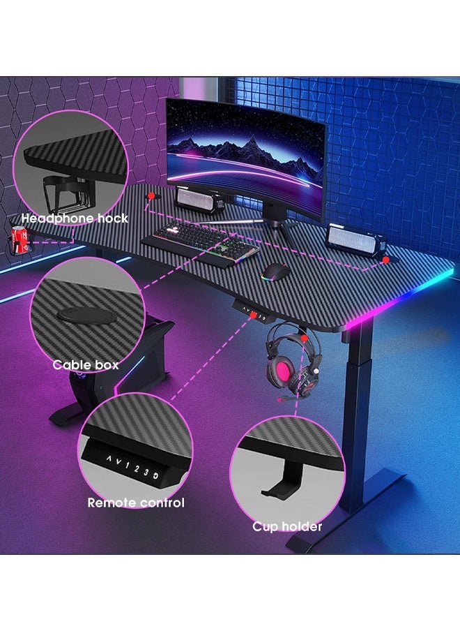 Multifunctional Adjustable Height Gaming Desk with RGB LED Lights, Wireless Remote, Handle Rack, Cup Holder, USB Socket and Headphone Hook 120 CM