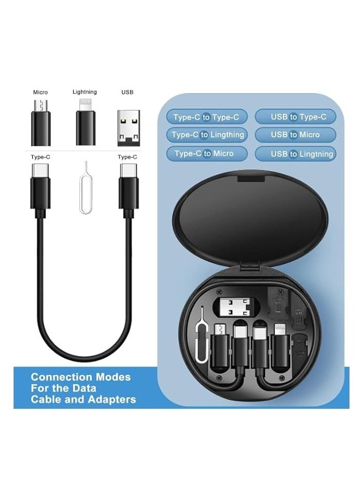 USB Charging Adapter Cable Kit,USB charging cable storage box Conversion Set USB A & Type C to Male Micro/Type C/Lightning, Data Transfer, Card Storage, Tray Eject Pin, Phone Holder (Black)