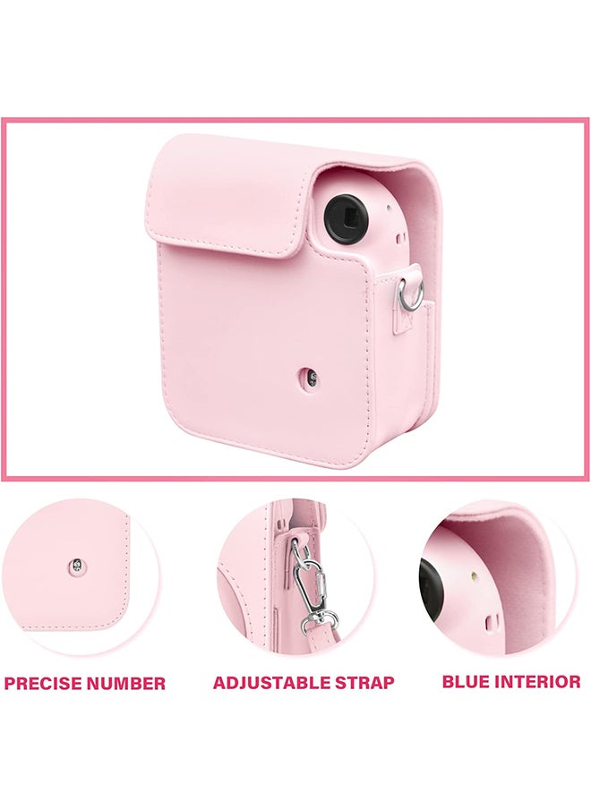 PU Leather Camera Case for Fujifilm Instax Mini 12 Instant Camera ,Protective Camera Cover with Adjustable Shoulder Strap - Blossom Pink