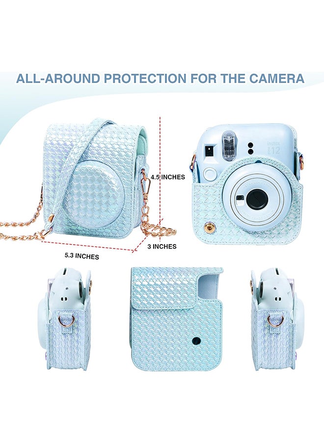 Camera Case for Fujifilm Instax Mini 12 Instant Camera, PU Leather Glitter Woven Camera Bag with Shoulder Strap & 64 Pockets Mini Photo Album - Blue