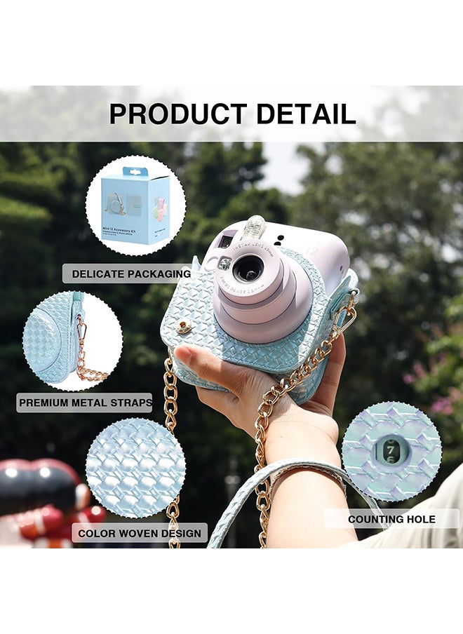 Camera Case for Fujifilm Instax Mini 12 Instant Camera, PU Leather Glitter Woven Camera Bag with Shoulder Strap & 64 Pockets Mini Photo Album - Blue
